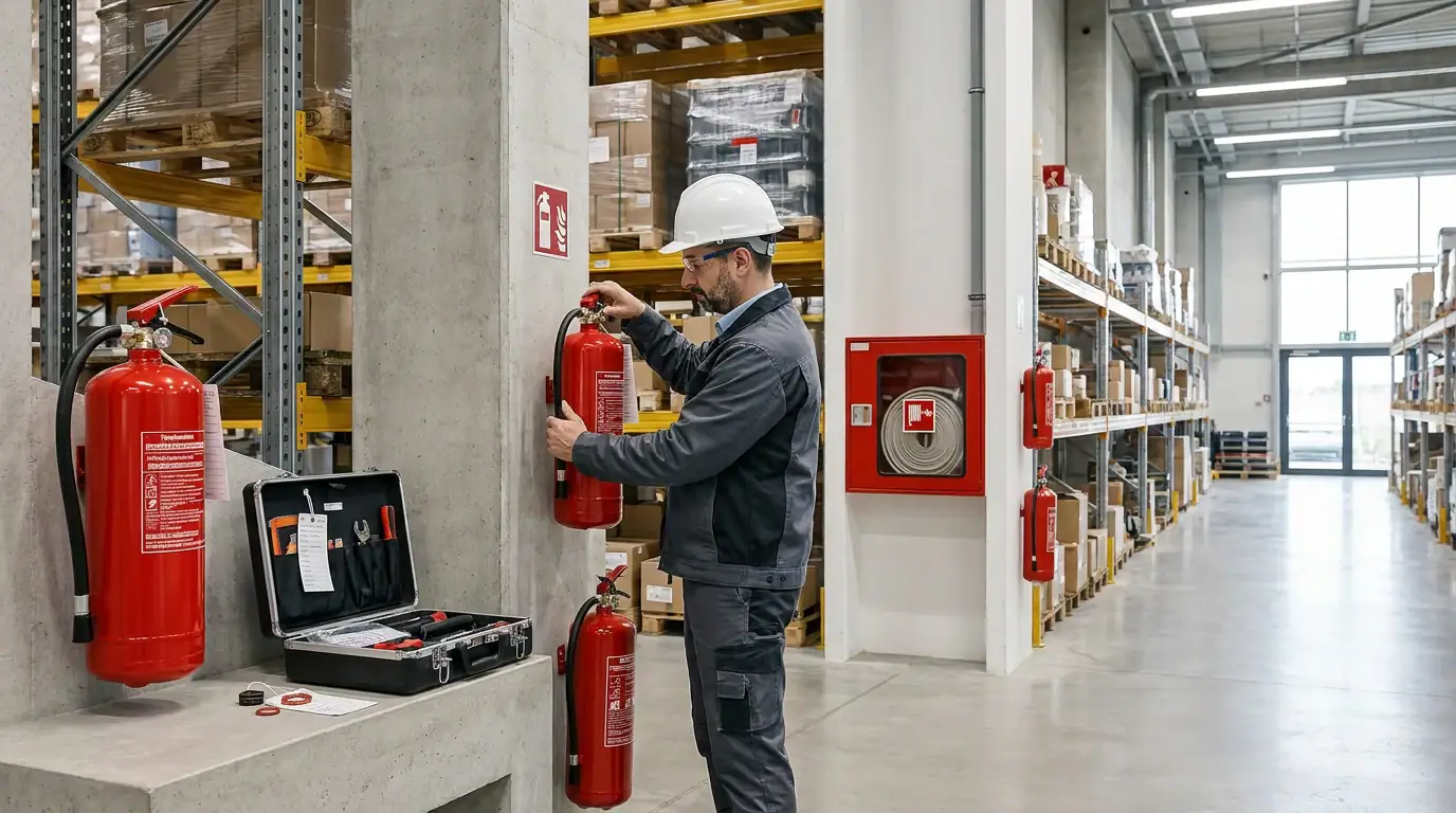 Technik kontroluje hasiace prístroje v sklade pri hydrantovej skrinke